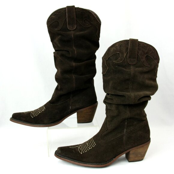 Steve Madden Saddle Suede Leather Slouchy Heeled Western Cowboy Boots Brown 6.5 - Picture 3 of 8